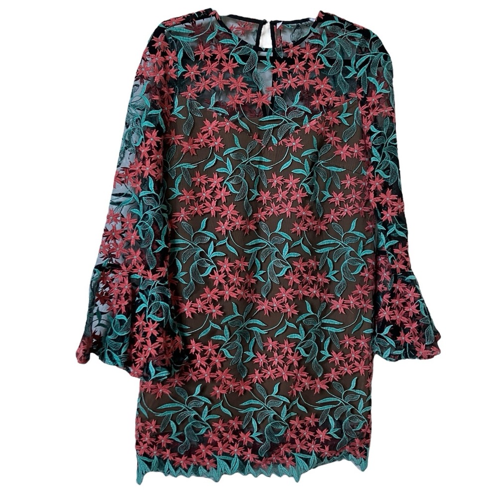 Elliatt Floral Embroidered Mesh Bell Sleeve Shift Dress Brown Teal E8061708